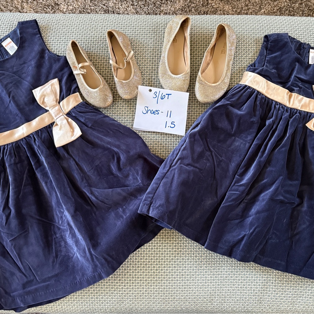 Size 3 & 6 Matching Navy Dresses with Gold Bow and Shoes Set